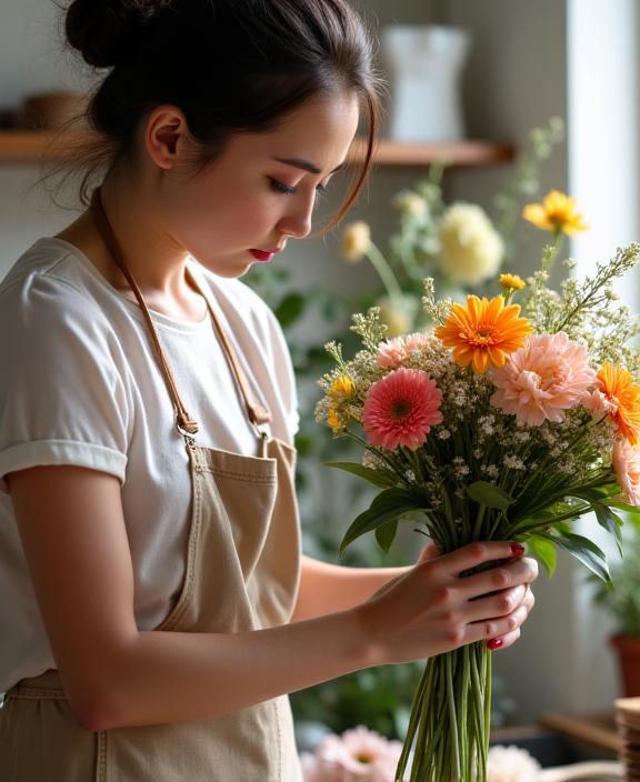 Florist at Inoshishi Petals carefully crafting a bouquet