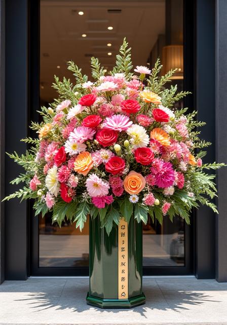 A grand flower stand for a shop opening