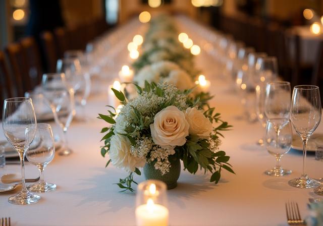 A low, elegant table centerpiece