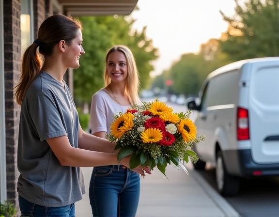 A delivery person handing over a beautiful flower arrangement